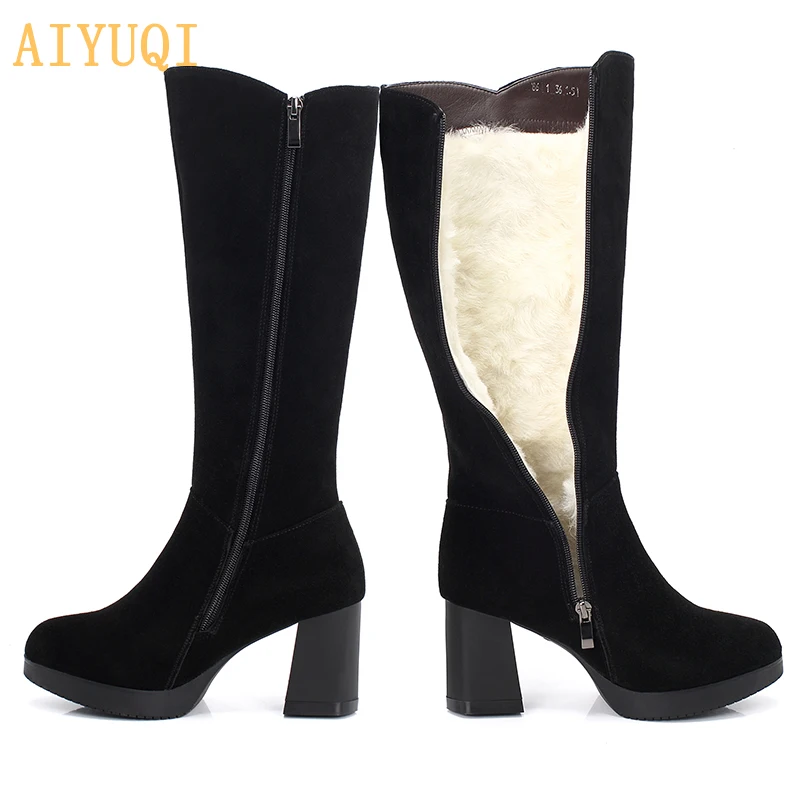 black wool AIYUQI; женские зимние ботинки; замшевые ботинки из натуральной кожи; женские высокие сапоги; пикантная женская обувь; высокие женские сапоги на платформе и высоком каблуке - Цвет: black wool