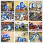 Алмазная 5D живопись сделай сам, пейзаж с синим котом, полная выкладка, мозаика с рисунком животных, вышивка крестиком, домашний декор, картина