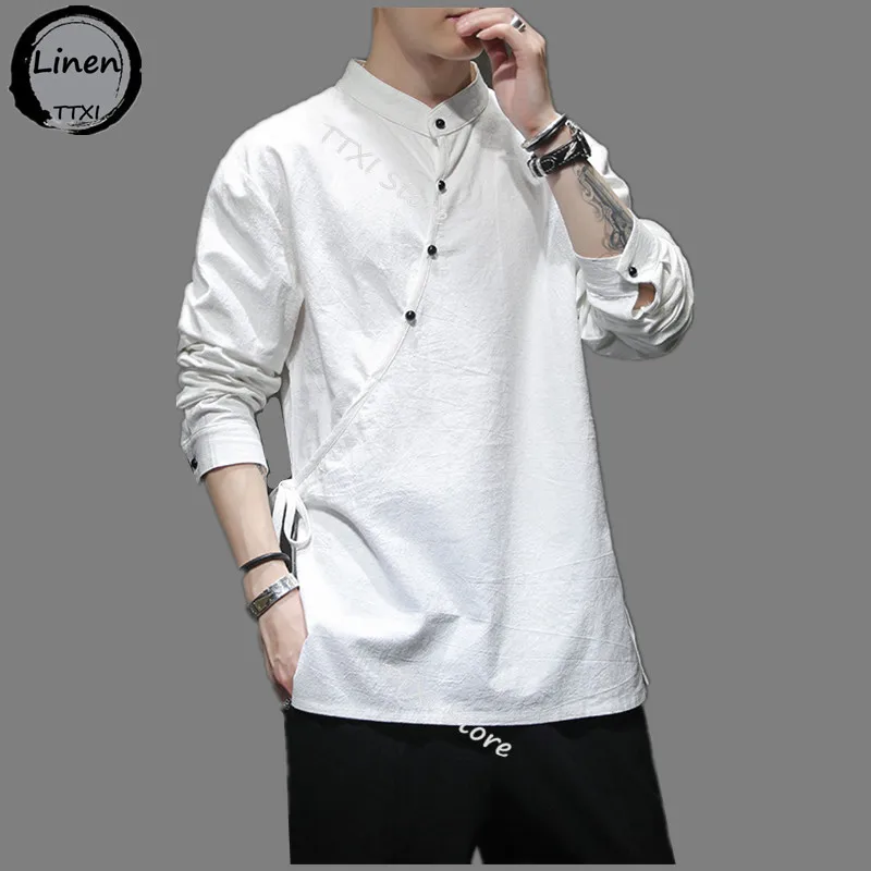 Mens Chinese Style Hemp Shirt Cotton Linen Tang Suit Hanfu Retro Stand-Up Collar Zen Clothes Harajuku tops Men Clothing | Мужская одежда
