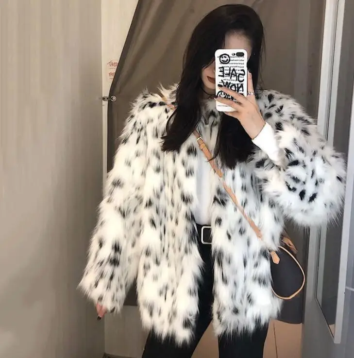 Loose short fur leather coats womens warm leopard faux mink fur leather jackets women autumn clothes winter thicken fashion