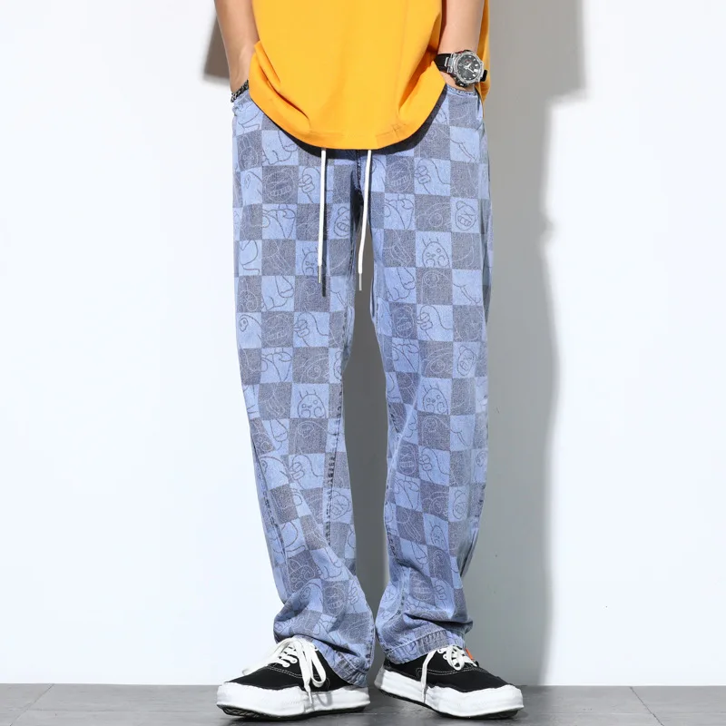 

Retro Plaid Men's Jeans New Summer Wide Leg Pants Japanese Streetwear Cartoon Print Fashion Harajuku Trousers Men Baggy Jeans