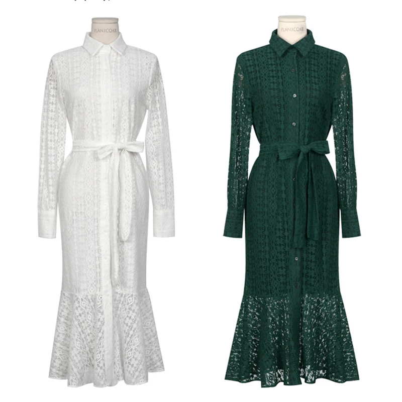 Женское кружевное платье рубашка белое вечернее с длинным рукавом отложным