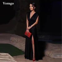 verngo simple black satin a line evening dresses v neck cap sleeves side slit floor length prom gowns women formal party dress