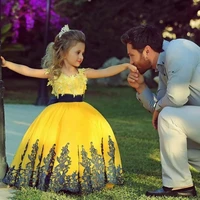 new yellow ball gown flower girls dresses for wedding lace girls birthday gown ankle length long mother daughter dresses