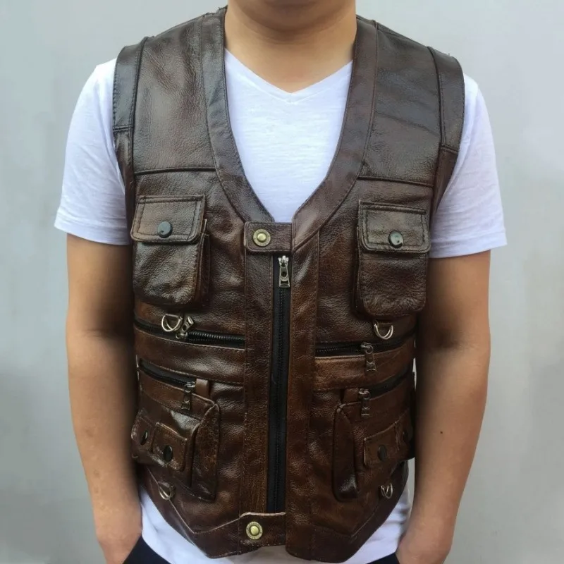 Cowhide Genuine Leather Vest Men Brown Waistcoat Male Sleeveless Jacket Thick High Quality Motorcycle Multi Pocket Zipper | Мужская