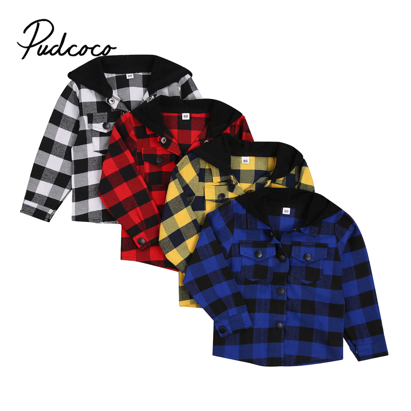 

Autumn Kids Boys Fashion Jacket Tops Plaid Print Long Sleeve Single Breasted Hooded Coat 4 Colors