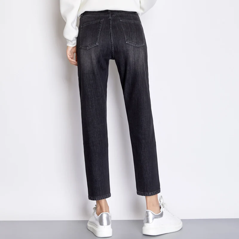 LEIJIJEANS 2019 winter large size women's low elastic high waist loose tapered trousers dark gray white and velvet warm jeans |