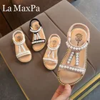 Летние сандалии для маленьких девочек, без застежки, с жемчугом, кристаллами, римские туфли для маленьких принцесс, размеры 21-30
