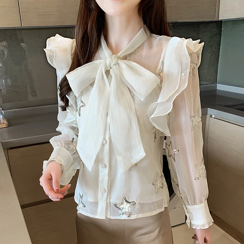 Шифоновые блузки с вышивкой и блестками новинка 2020 Blusa Camisas Mujer корейские
