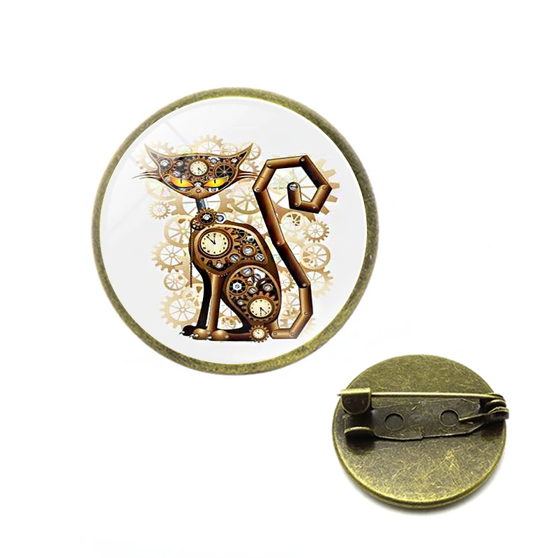 Новый стимпанк Кот Броши часы булавки Панк кошка искусство Стекло кабошон брошь