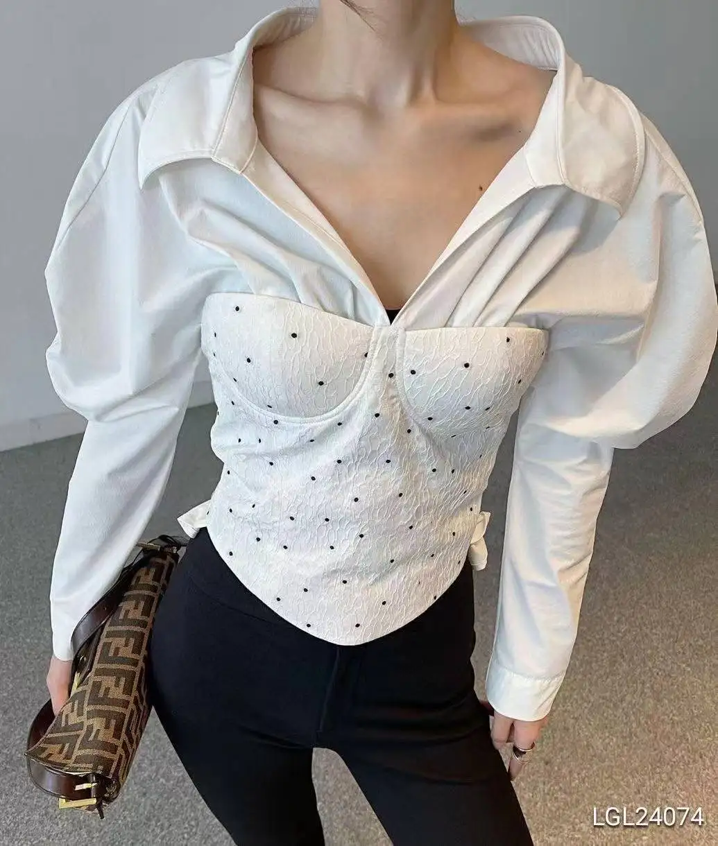

autumn wave point puff sleeve V-neck tube fish bone fight receiving waist tube top shirt