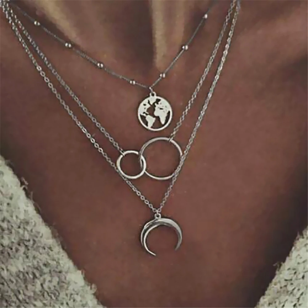

2021 Vintage Boho Silver Color Horns Earth Geometric Peace Pendant Necklace For Women Fashion Multilayer Choker Jewelry Gift
