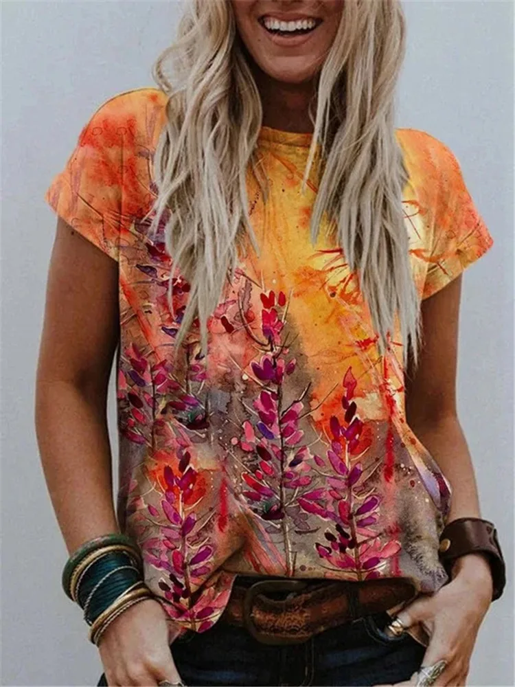 

Summer Women V-Neck Printed T Shirts Short Sleeves Casual Ladies Clothing Soft Plus Size Loose Tops S-5XL