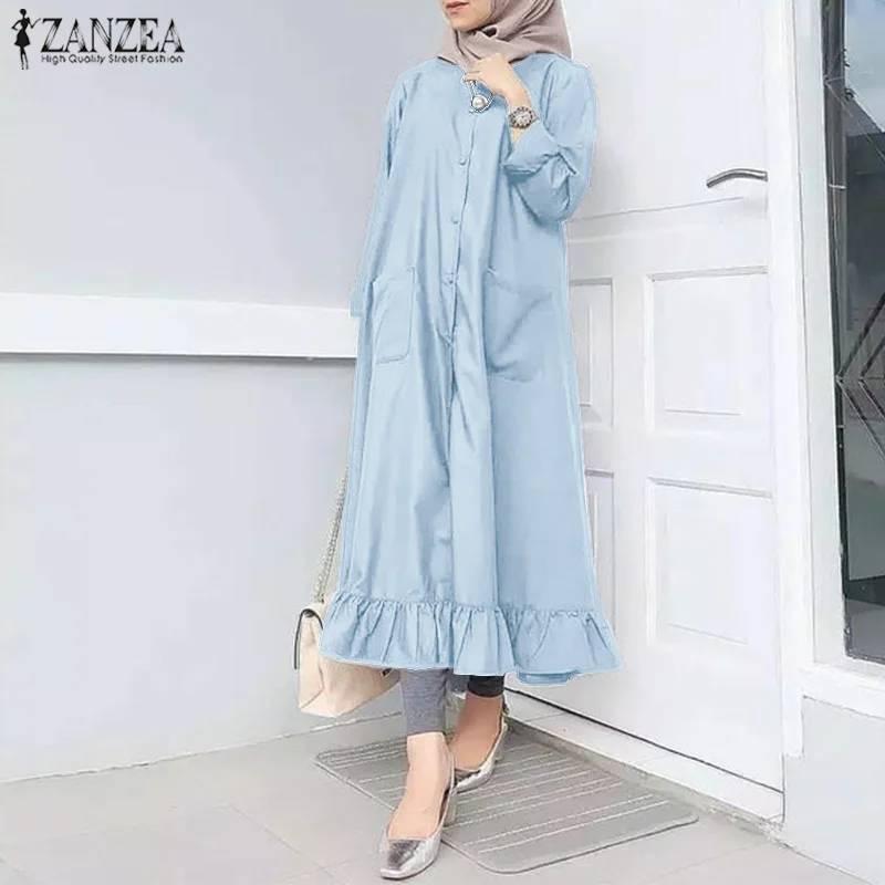 

Женское мусульманское платье в стиле ретро ZANZEA, сарафан с длинными рукавами и оборками, повседневное Однотонное Платье макси с пуговицами, ...