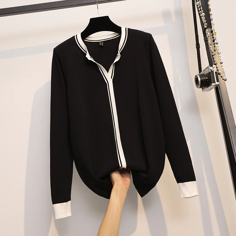 

4XL plus size women Stripe kintting thick sweater autumn winter 2021 long sleeve v neck Patchwork basic Oversized pullover