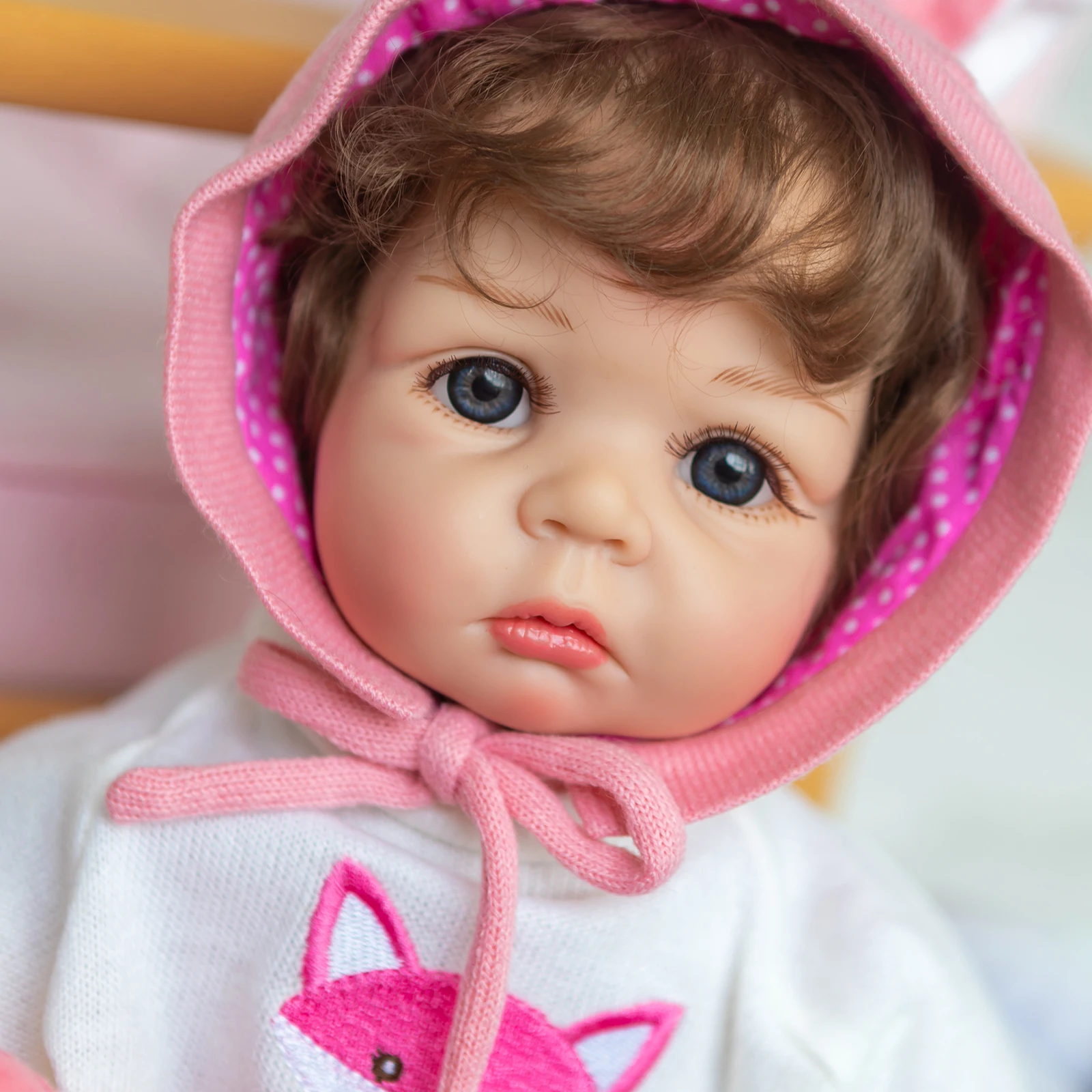 

Newest Reborn baby doll 22 inch soft silicone doll girl bebe reborn in pink fox knitwear children xmas gift playmate toys