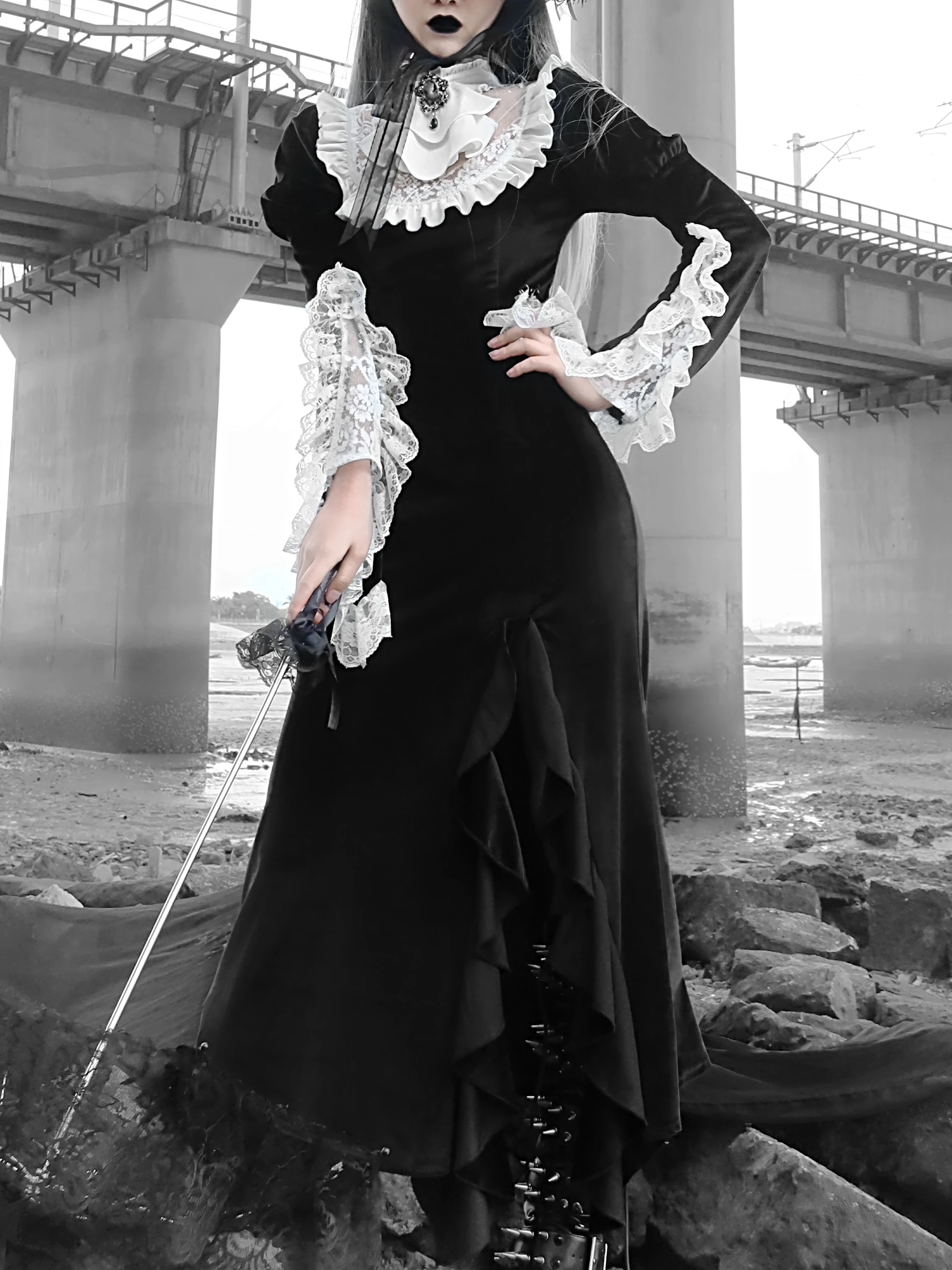 New Original Design Japanese Vintage Black Dress Lace Patch Turtleneck Trumpet Long Flare Sleeve Gothic Long Dress For Women