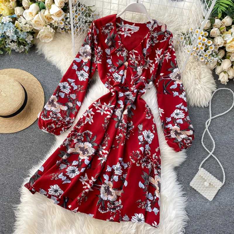 2020 Новая мода Женская одежда до колена пышные рукава v образный вырез платья