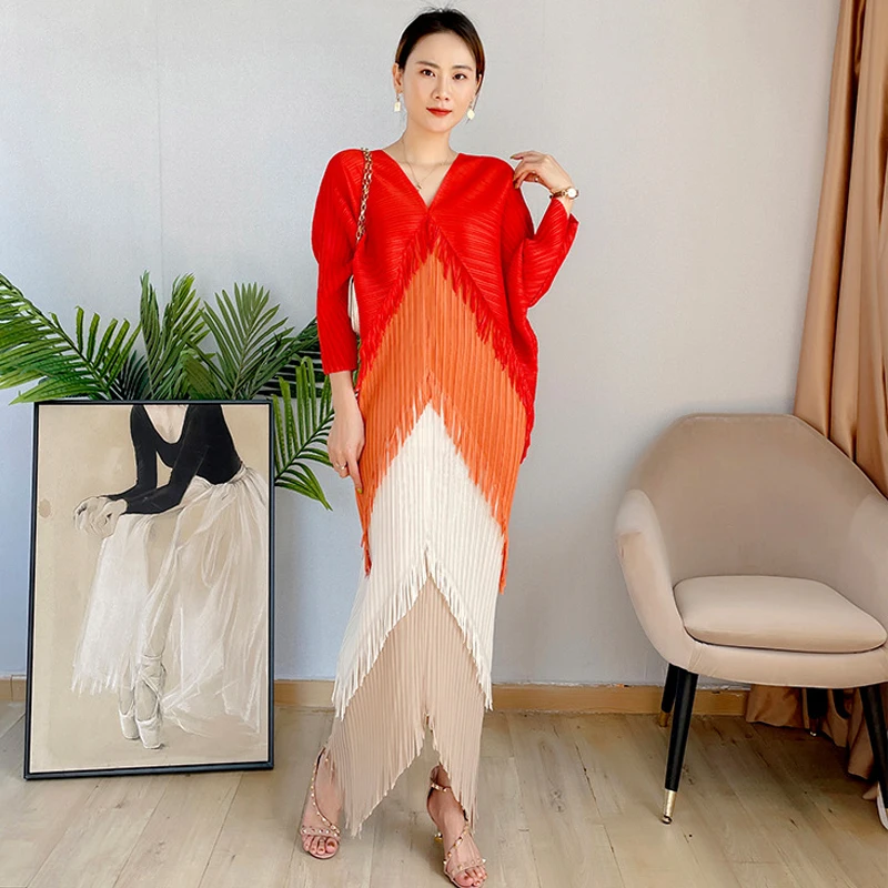 

Tassel Dress Patchwork V-Neck Batwing Sleeve Loose Casual Dress 2022 Summer Party Dresses Women Evening Elegant Fringe Dress