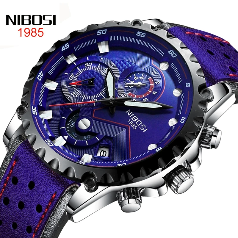 NIBOSI New Men Watch Blue Leather Quartz Watches Mens Luxury Brand Waterproof Sport Clock Chronograph Date Relogio Masculino