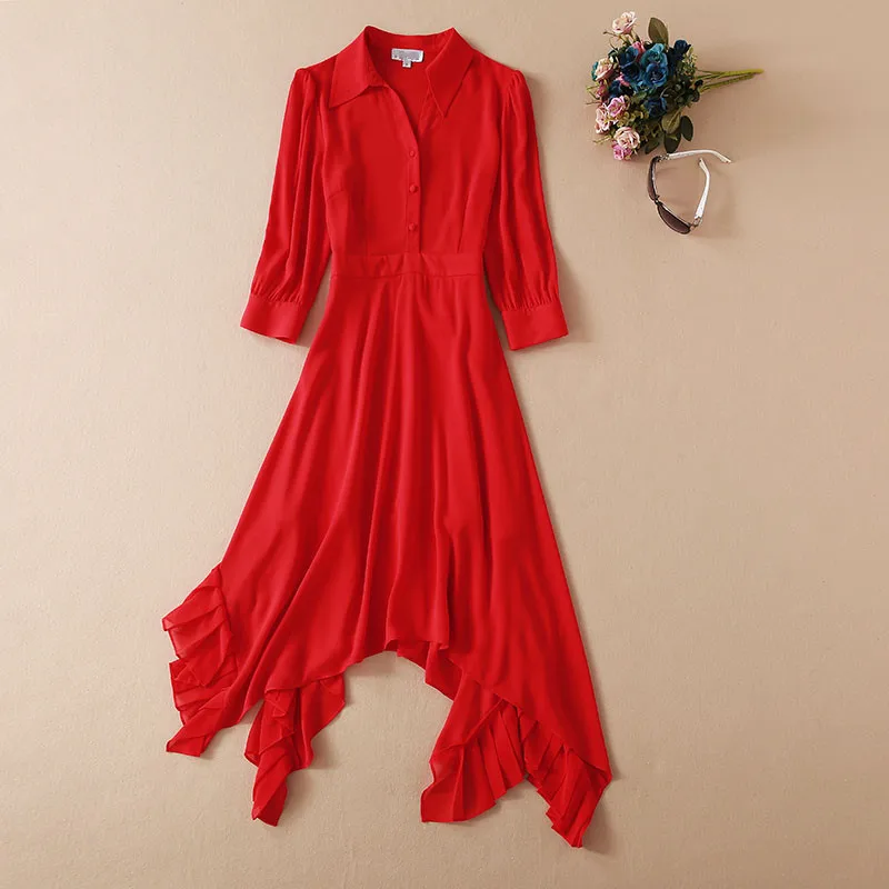 Женское платье с отложным воротником весенне-летнее однотонное красное