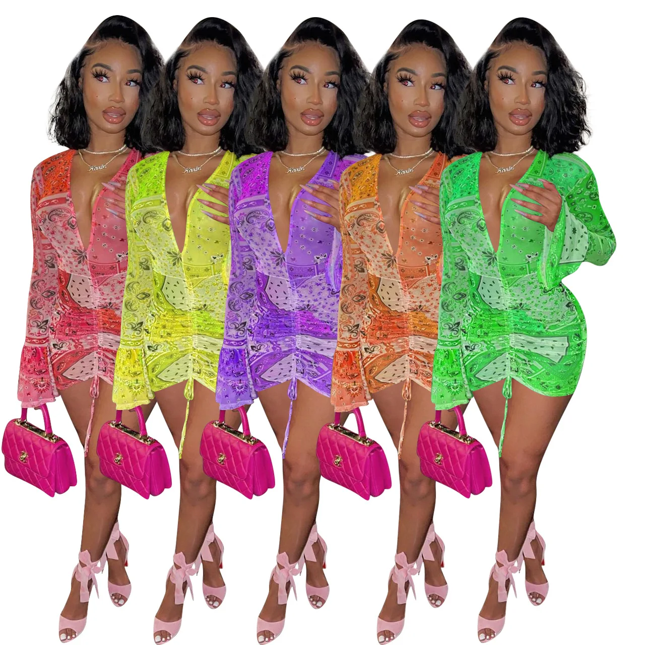 

Sexy Mesh Deep V Neck Dress Long Flare Sleeve Bodycon Mini Dresses Women See Through Club Party Wear Tight Drawstring Clothes