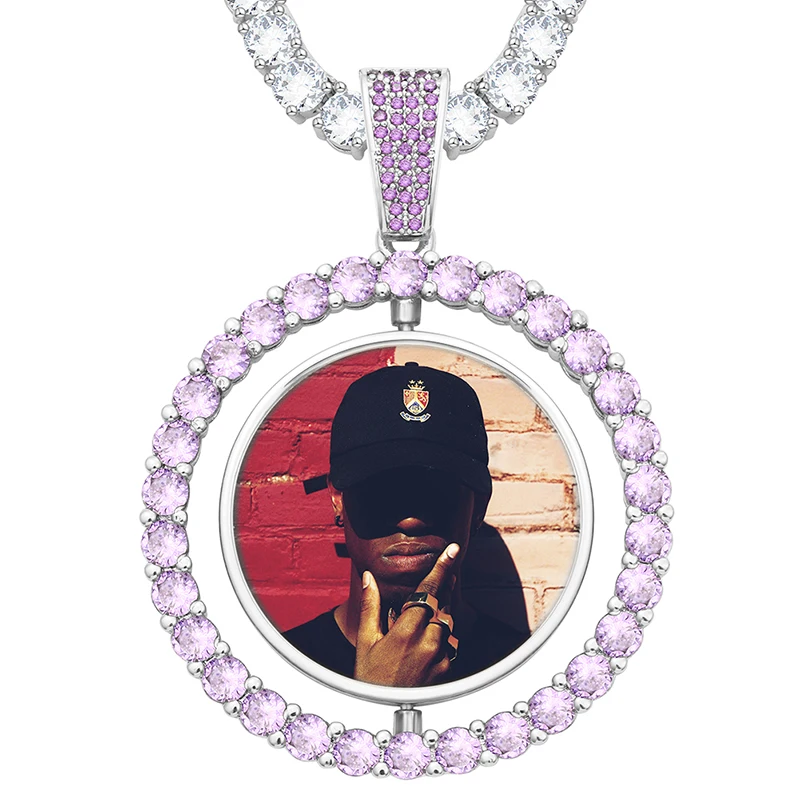 CZP0463 Colorful Crystal Custom Make Photos Rotating Double-sided Medallions Pendant Necklace Cubic Zircon Chain | Индивидуальные