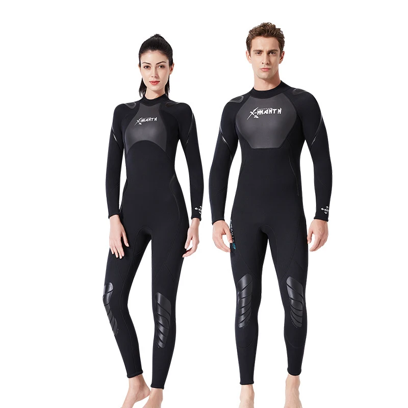 3mm Neoprene Surfing Snorkeling Wetsuit for Mens Womens Full Length Back Zipper One-piece Couple Black Patchwork Diving Suit