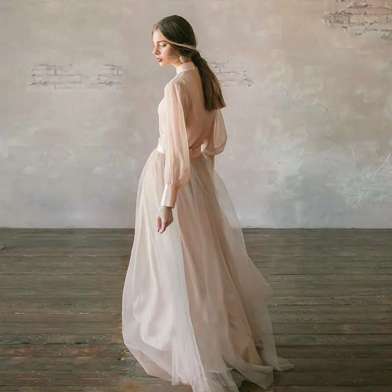 Vestidos de noiva свадебное платье одежда с длинным рукавом трапециевидной формы из тюля кремового цвета, приталенное платье принцессы, невесты Двойка свадебное платье