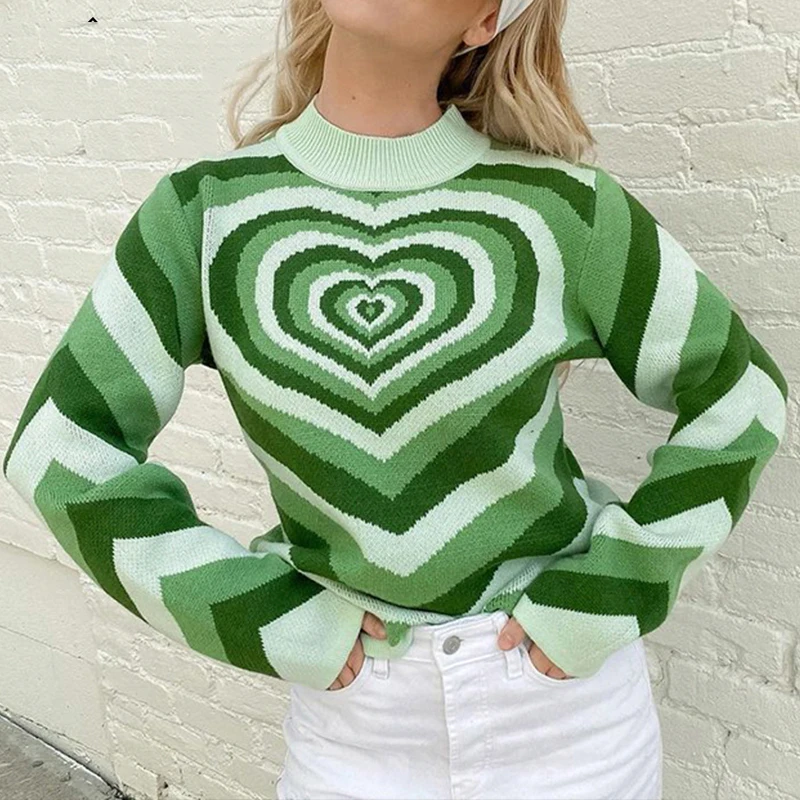 

Aesthetics Heart stripe print Top women cute knit Y2k Sweater oversize vintage High street Blouse Winter soft Women's sweater