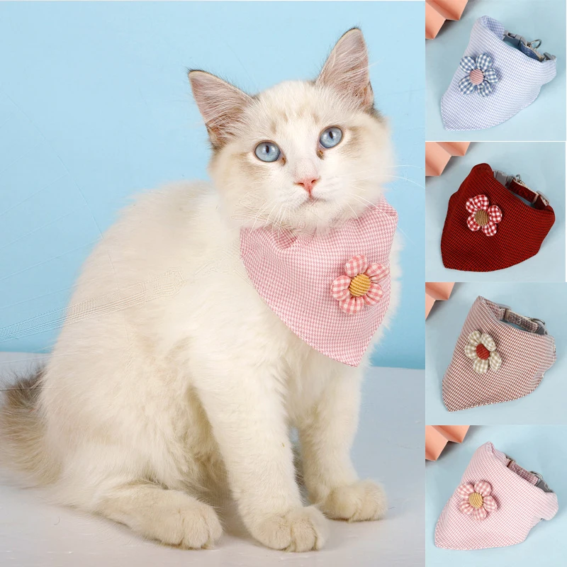 

Small Flower Triangle Scarf Fine Check Triangle Scarf Adjustable Cute Cat Collar Fresh Pet Collar Saliva Towel Pet Accessories