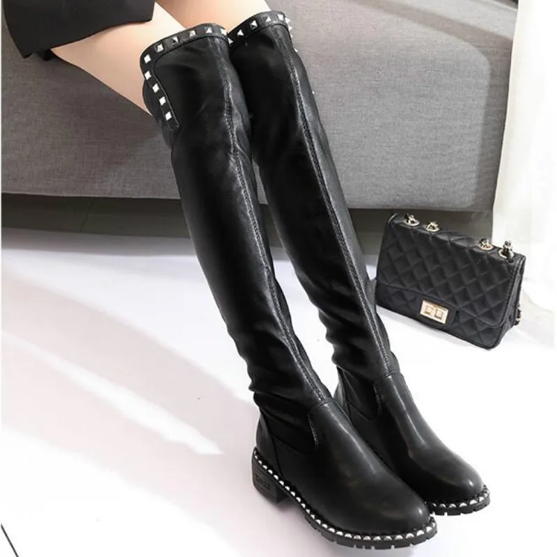 Модные женские повседневные Сапоги выше колена на квадратном каблуке женская