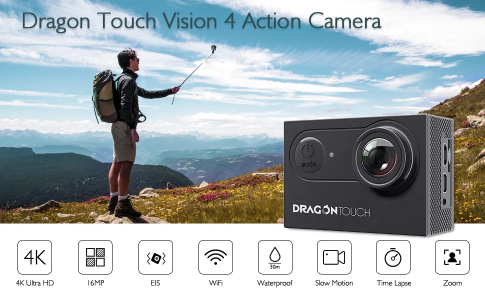 Dragon Touch Экшн-камера Vision 4 4K EIS 16MP Поддержка внешнего микрофона подводная камера с WiFi пультом дистанционного управления Спортивная камера