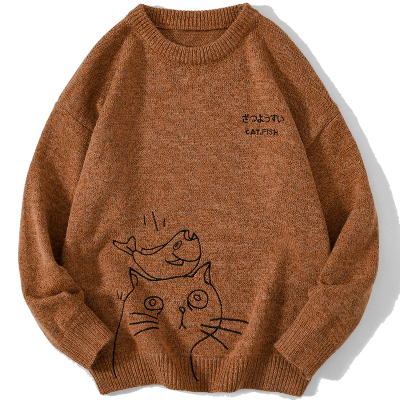 

LACIBLE Autumn Winter Sweater Men Women Fish Cat Pattern Knitted Sweater Harajuku Loose Casual Sweater Pullover Japan Streetwear
