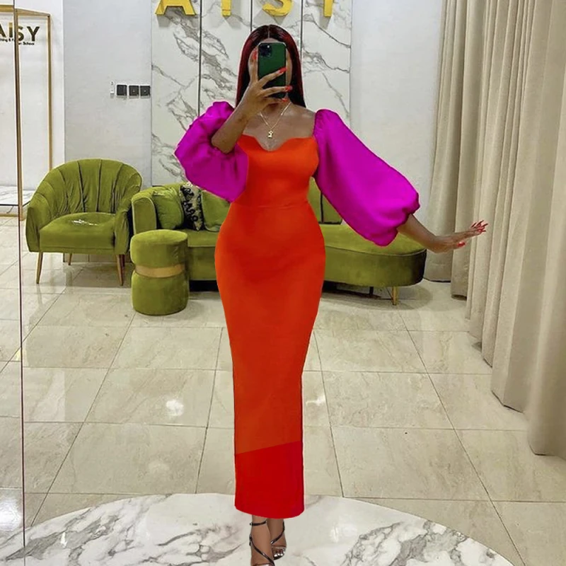 

Elegant Women Long Lantern Sleeves Patchwork Christmas Party Bodycon dress Night Club Event African Dress Vestidos