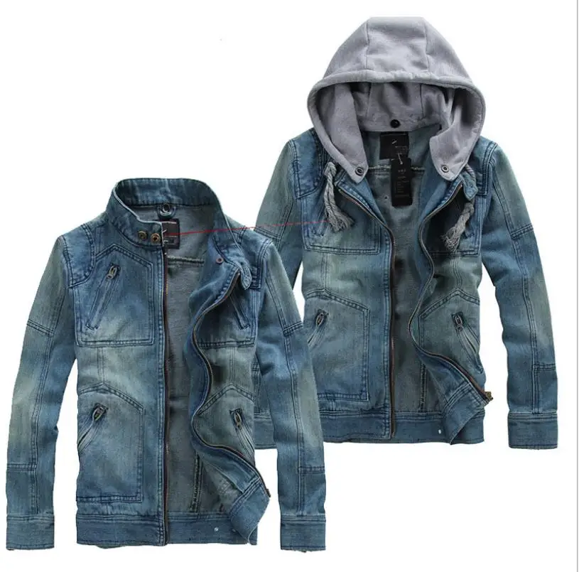 Мужское джинсовое пальто CALOFE винтажное с капюшоном и потертостями верхняя