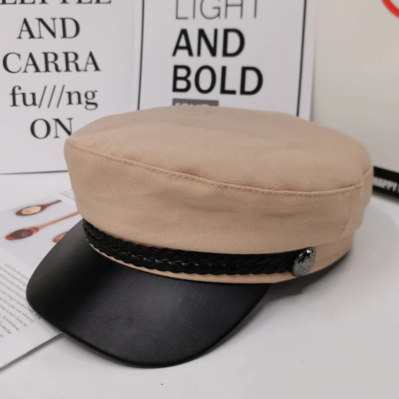 Beige Cotton Британский стиль, военная шапка из искусственной кожи, осенне-зимняя шерстяная шляпа моряка для женщин, черная плоская Женская кепка для путешествий, Кепка Капитана - Цвет: Beige Cotton