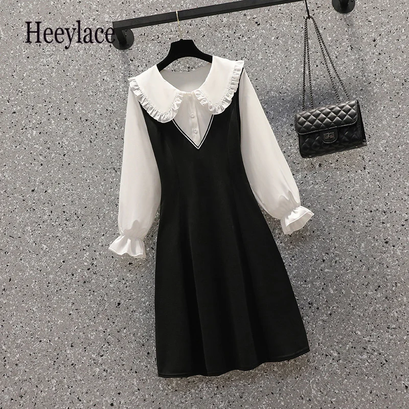 

Женское элегантное офисное платье размера плюс из двух частей, корейское Повседневное платье с воротником Питер Пэн и высокой талией, Осенн...