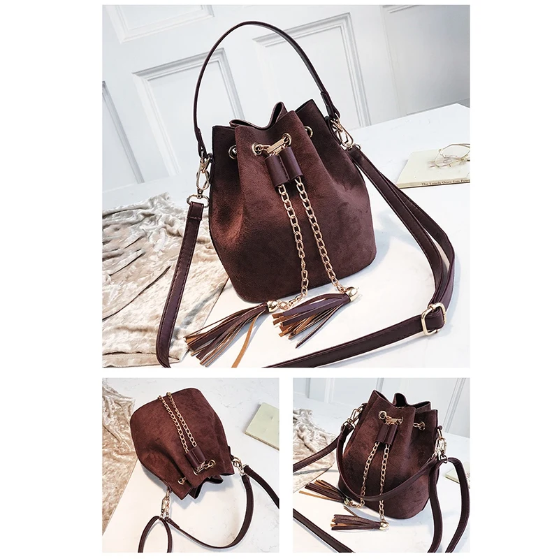 Женские замшевые сумки на плечо сумки-ведро с кисточками для девочек через