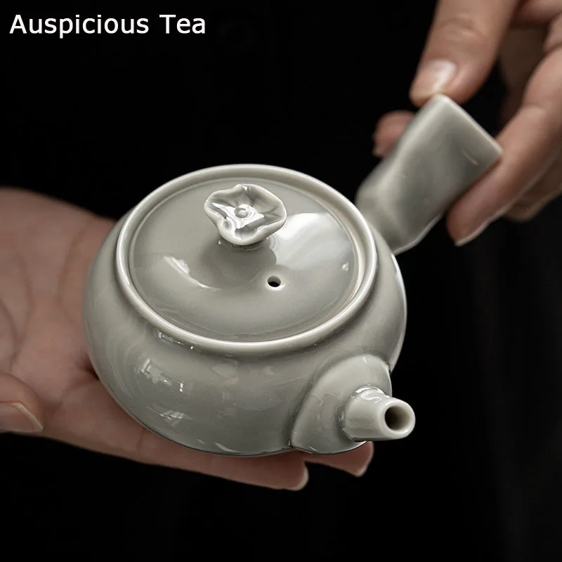 

160ml Ice Gray Glaze Lotus Fragrance Side Handle Pot Japanese Style Handmade Ceramic Kungfu Small Teapot Single Teapot Tea Maker