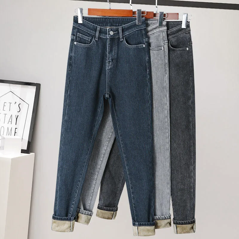 

Autumn Winter High Waist Jeans Women Elastic Streetwear Plus Velvet Denim Pants Femme Casual Warm Thick Vintage Mom Jeans Q4833