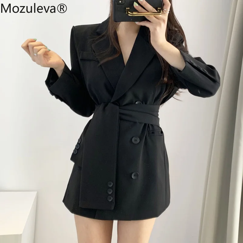 Женский блейзер с поясом Mozuleva Осеннее офисное платье-блейзер вырезом и уличная