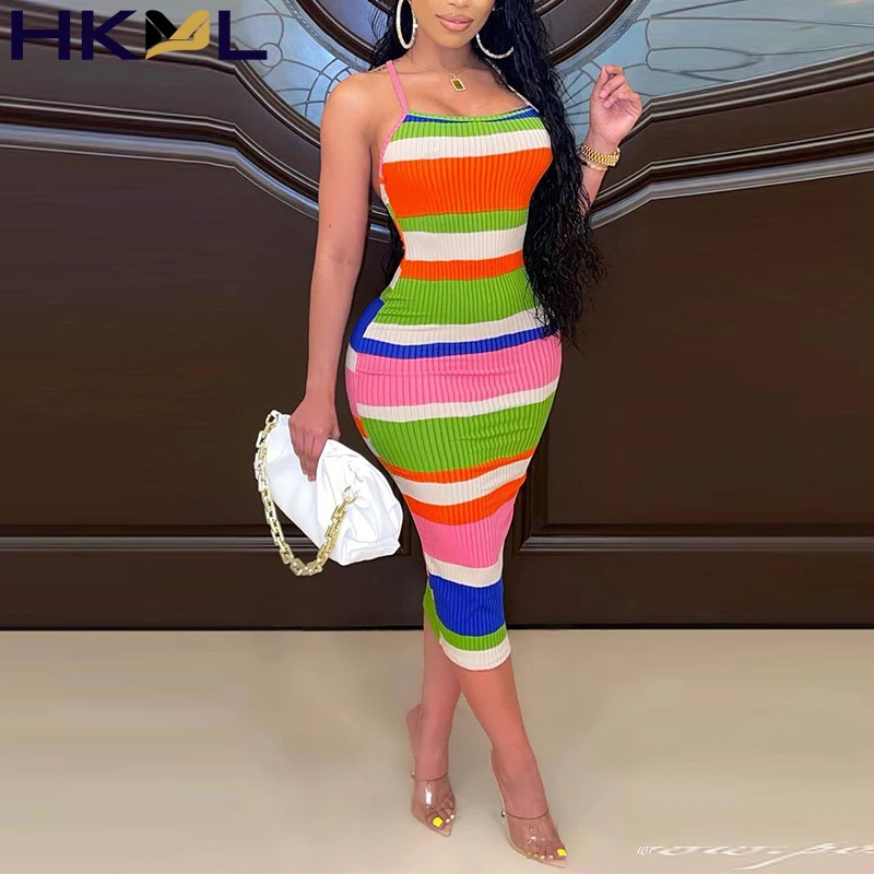 

Spaghetti Strap Backless Striped Midi Dress Bodycon Party Club Dress