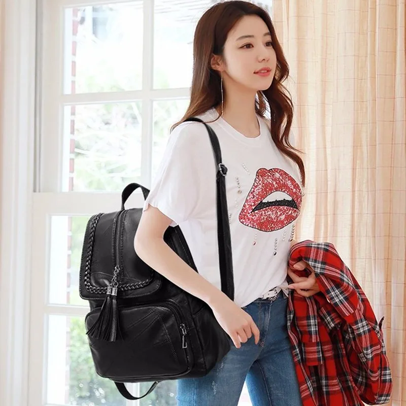 

Women Genuine Leather Backpack School Bag Classic Black Waterproof Travel Shoulder Bag Multi-function Backpack Women