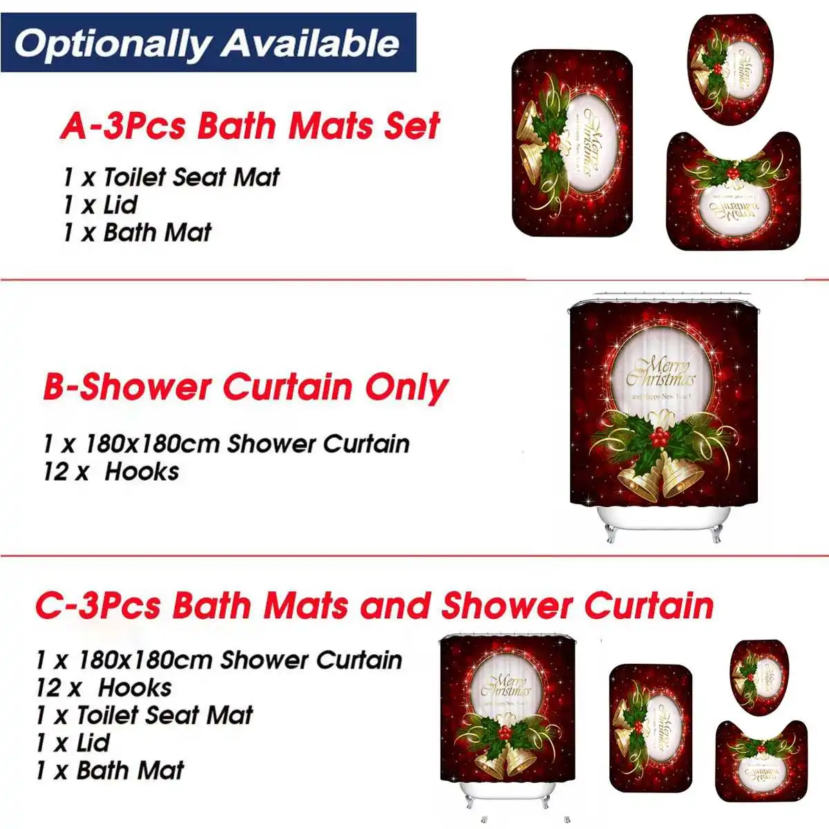 

4pcs Christmas Gold Bells Shower Curtain Set Waterproof Curtains Bathroom Pedestal Rug Lid Toilet Cover Bath Mat For Xmas Decor
