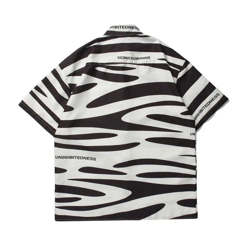

KIOVNO Men Harakuju Zebra Pattern Printed Shirts V-neck Streetwear Short Sleeves Shirts Male Streetwear Hip Hop