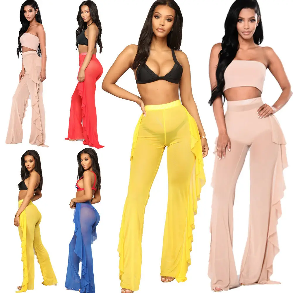 Летние женские пляжные сетчатые прозрачные бикини с оборками купальные штаны