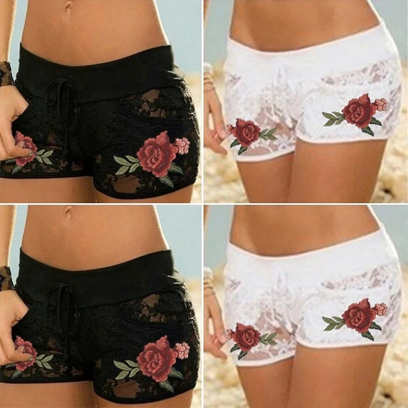 

Woman Woman Elastic Flower Shorts Flower Rose For Summer Transparent Lace Hollow Sexy Shorts