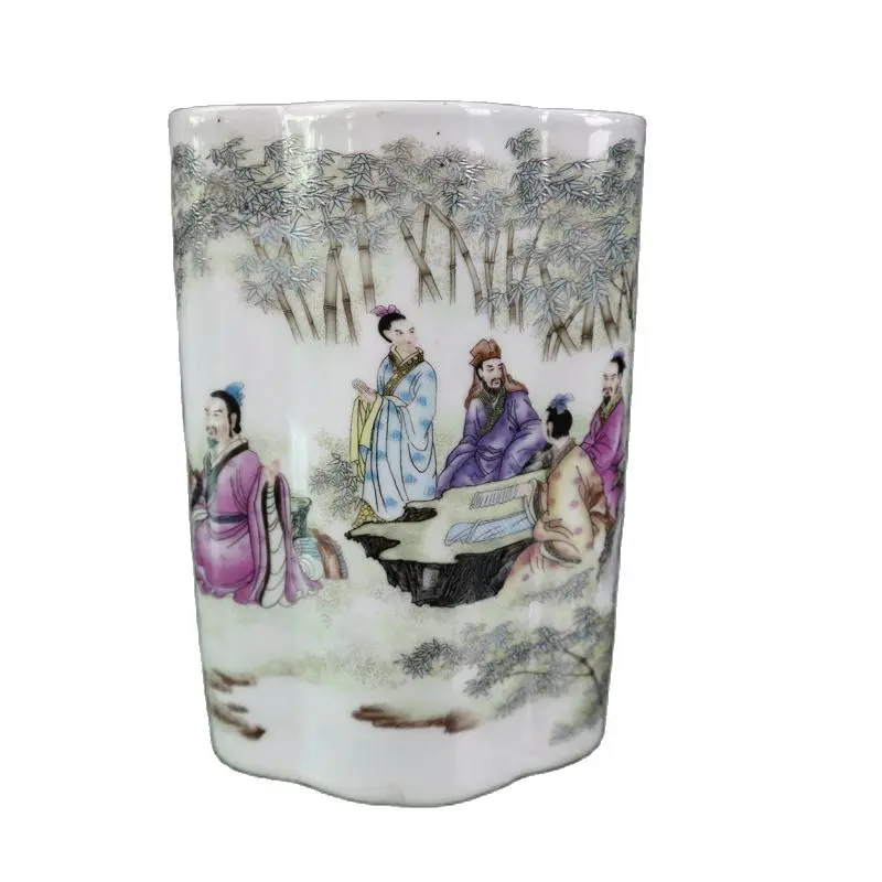 

China Old Porcelain Pink Bamboo Forest Seven Sages Pattern Flat Pen Holder