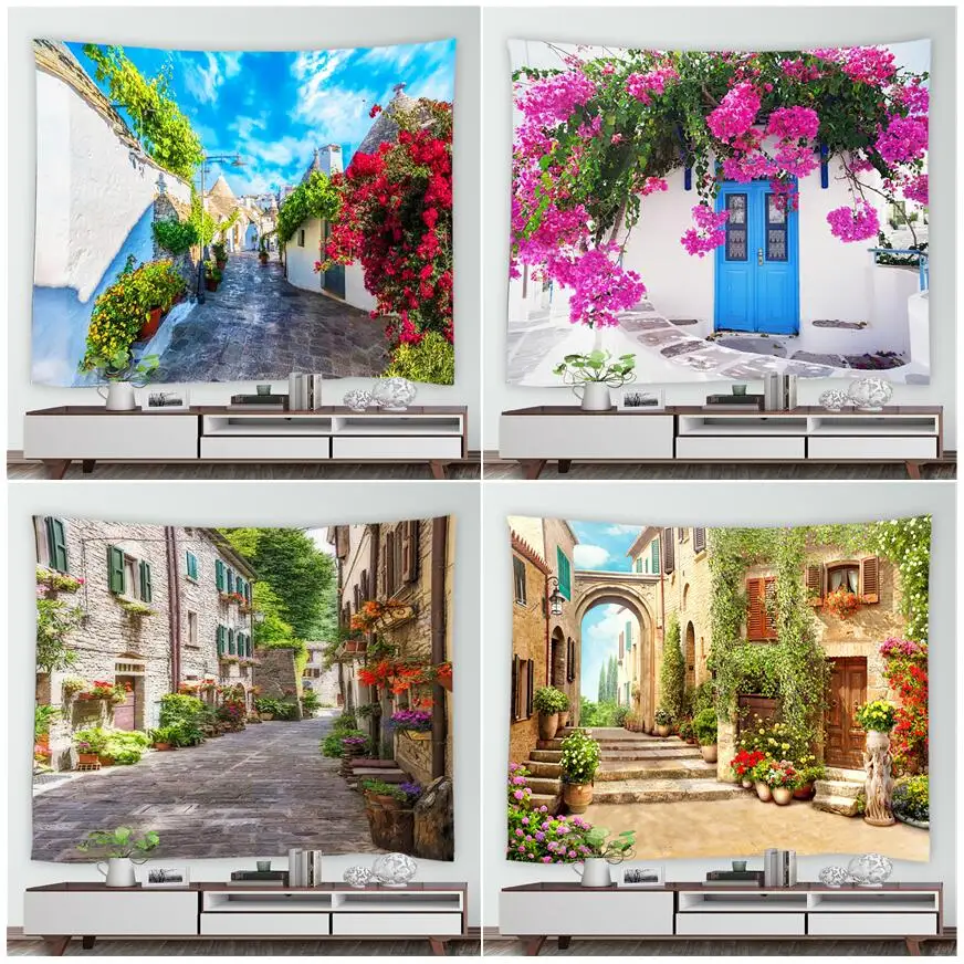 

European Retro Street Building Tapestry Flowers Plants Art Mural Home Bedroom Wall Hanging Picnic Mat Landscape Tapestries Decor